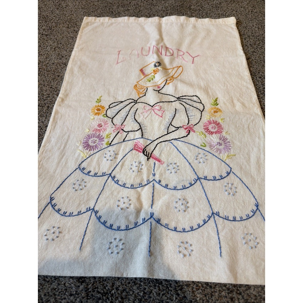 Vintage Embroidered Laundry Bag 15" By 22" Lady With Flowers
